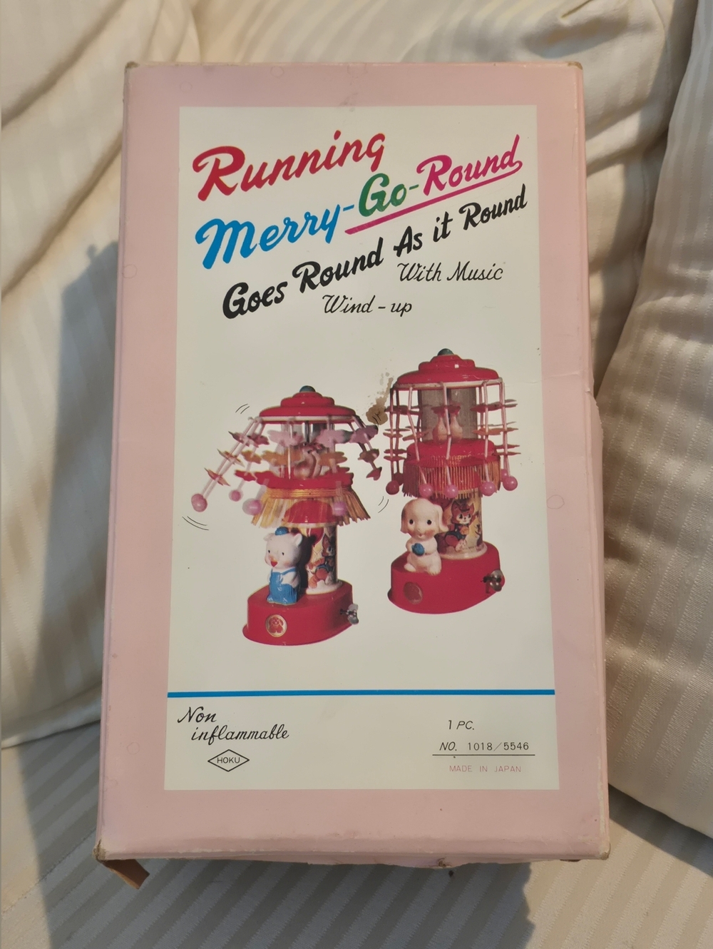 Vintage Red Wind-Up Running Merry Go Round with Music, Pig Figurine And Tassels